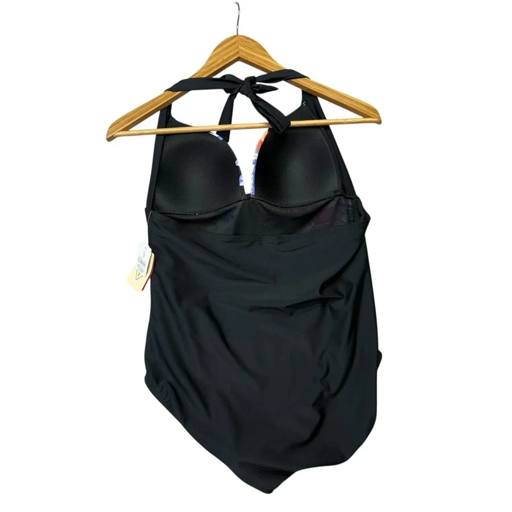 St Johns Bay Women's Swimsuit 12 Black Floral Halter Slimming One Piece